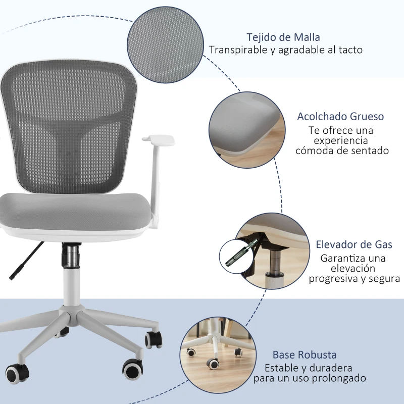 Vinsetto Silla de Oficina Ergonómica Silla Escritorio Giratoria con Altura Ajustable Reposabrazos Soporte Lumbar Respaldo de Malla Transpirable 57x58,8x88-96 cm Gris