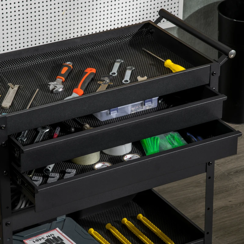 DURHAND Carro de Herramientas para Taller con Ruedas 2 Cajones y 3 Estantes para Garaje Mecánico Casa 76,5x39x79 cm Negro