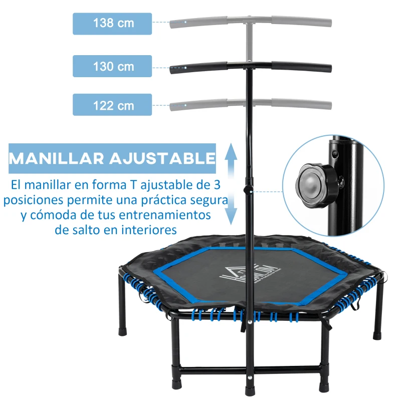 HOMCOM Trampolín de Fitness Ø122 cm Cama Elástica con Mango Ajustable de 3 Niveles 122-138 cm Funda Protectora y Marco de Acero para Interiores y Exteriores Negro y Azul