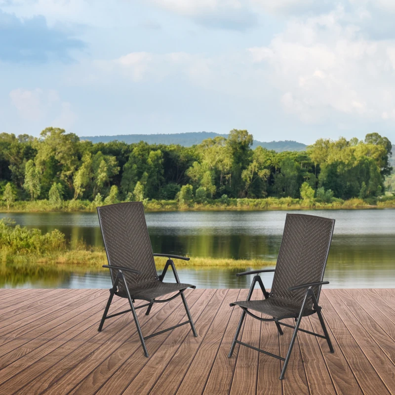 Outsunny Set de 2 Sillas Plegables de Ratán Jardín con Respaldo Alto y Ajustable de 7 Posiciones para Patio Terraza Exteriores 57x67,5x104 cm Gris