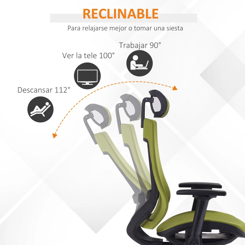 Vinsetto Silla de Oficina Giratoria Silla de Escritorio Ergonómica con Altura Ajustable Reposabrazos Reposacabezas Regulables y Respaldo Alto de Malla 66,5x66x120-128 cm Verde