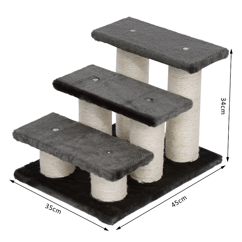 PawHut Escalera de 3 Peldaños para Mascotas con Cubierta Suave Poste Rascador Escaleras Auxiliar de Animales Pequeños 45x35x34 cm Gris