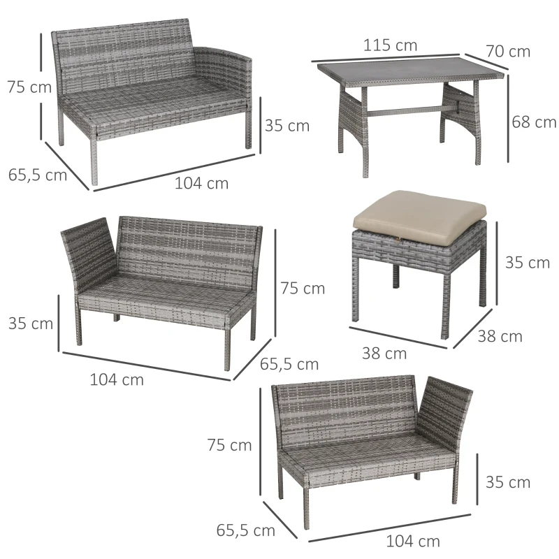 Outsunny Conjunto de Muebles de Ratán 6 Piezas de Jardín Juego de Sofás de 2 Plazas Taburete y Mesa de Comedor con Cojines Acolchados Patio Terraza Balcón Gris y Caqui
