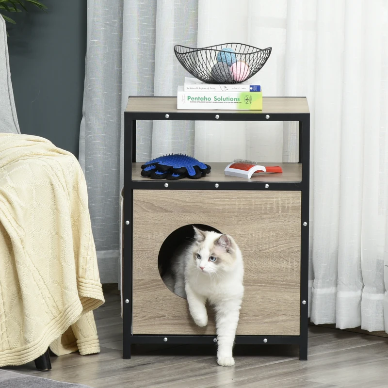 PawHut Casa para Gatos de Madera con Apariencia de Mesa Auxiliar Cueva con Cojín Extraíble Puerta con Orificio y Alfombrilla Rascadora 48x40x64,5 cm Roble Gris