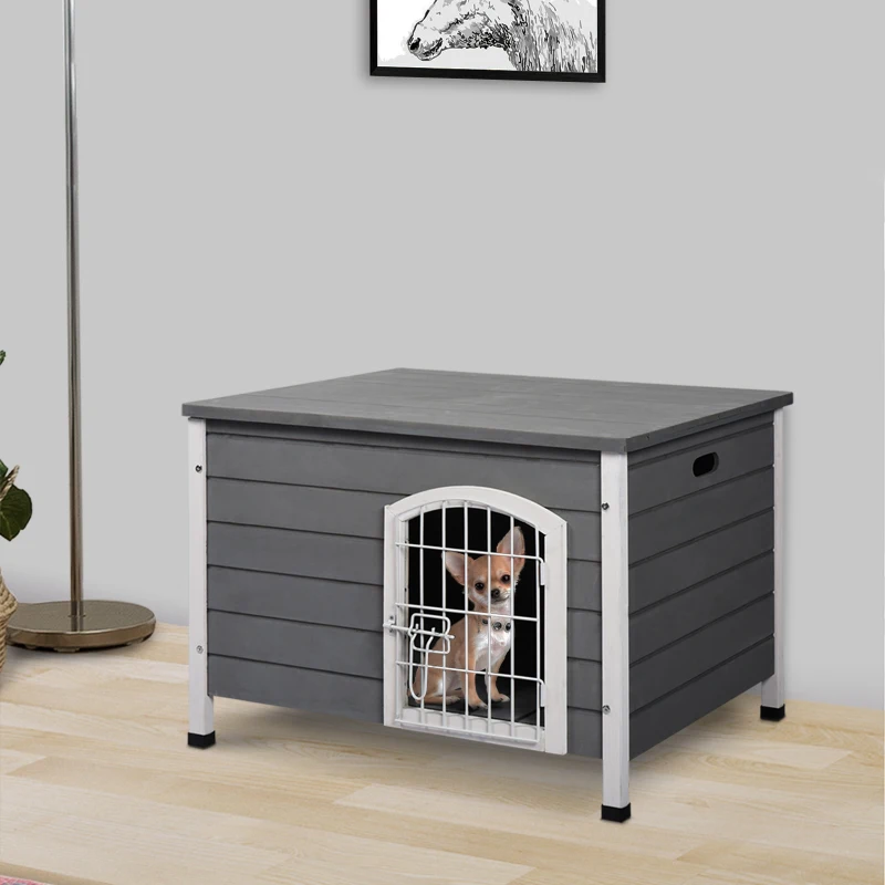 PawHut Caseta para Perros de Madera Jaula Casa para Mascotas con Puerta de Alambre con Cerradura y Asas Huecas Laterales para Interior y Exterior 80x55x53,5 cm Gris