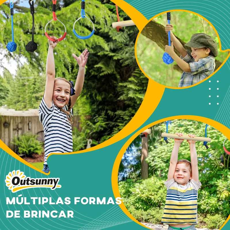 Outsunny Circuito de Obstáculos Ninja para Crianças com Corda de 10 m Barras de Madeira Anéis de Ginástica Protetor de Árvore Multicor