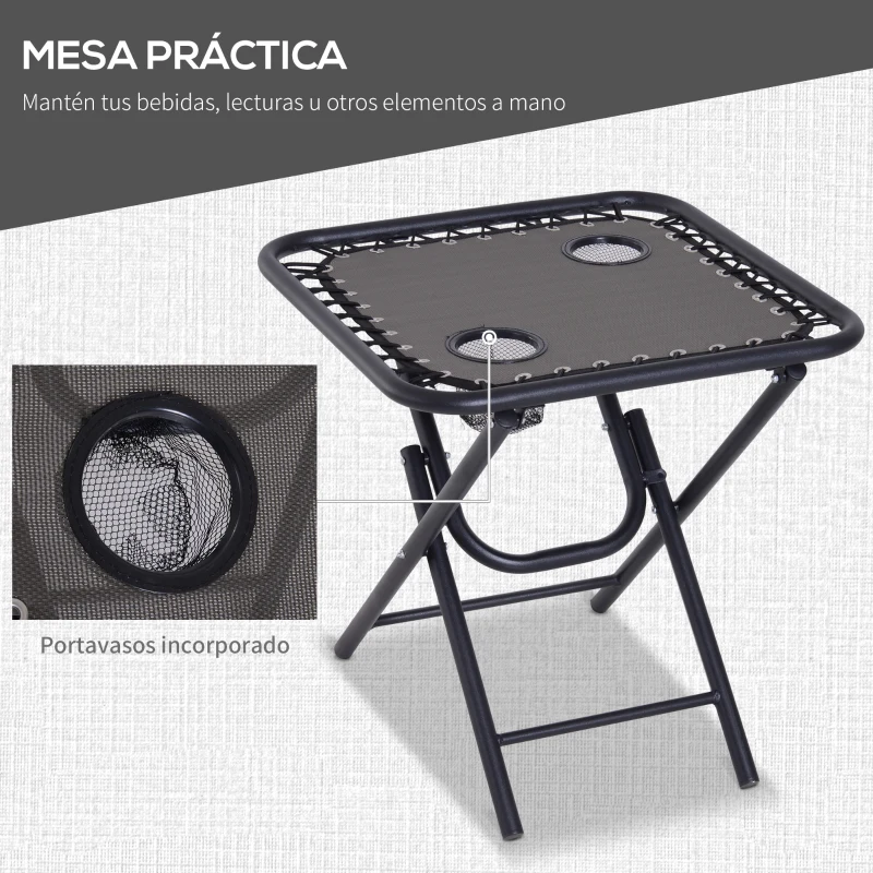 Outsunny Set de 2 Sillas de Gravedad Cero Plegables 90x65x110 cm y Mesa Auxiliar 50x50x50 cm con 2 Portavasos Sillas Reclinables con Reposacabezas para Jardín Terraza Gris