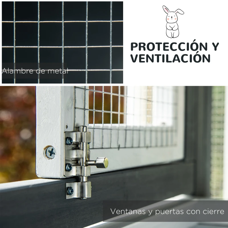 PawHut Conejera de Madera Exterior de 2 Niveles Jaula Grande para 2-4 Conejos con Techo Asfáltico Puertas con Cerradura Bandejas Extraíbles y Rampa 145x48x108 cm Gris y Blanco