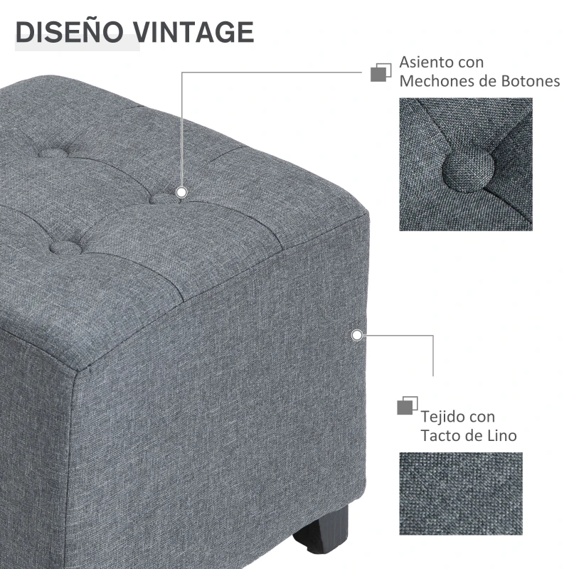 HOMCOM Taburete Bajo Otomana Reposapiés Acolchado con Patas de Madera Maciza Diseño de Botones 35x35x35 cm Gris