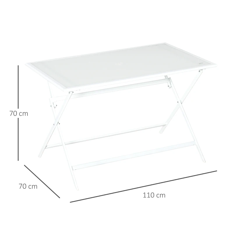 Outsunny Mesa de Jardín de Metal Plegable Mesa de Camping Rectangular de Vidrio Templado con Agujero para Sombrilla para Picnic Terraza Balcón 110x70x70 cm Blanco