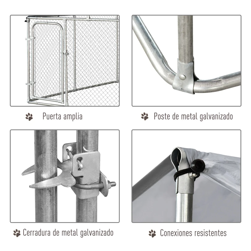 PawHut Perrera de Exterior con Toldo Jaula para Perros Mascotas de Metal Galvanizado con Cerradura para Jardín Patio 230x230x172 cm Plata