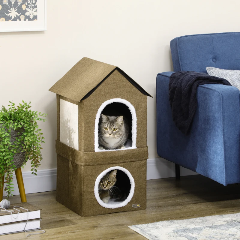 PawHut Casa para Gatos Doble con Cojines y Almohadillas Rascadoras Uso Junto o por Separado 40x41x75 cm Marrón