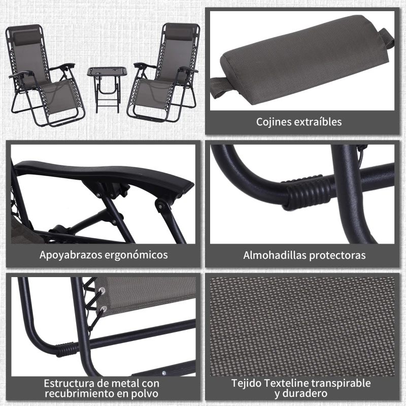 Outsunny Set de 2 Sillas de Gravedad Cero Plegables 90x65x110 cm y Mesa Auxiliar 50x50x50 cm con 2 Portavasos Sillas Reclinables con Reposacabezas para Jardín Terraza Gris