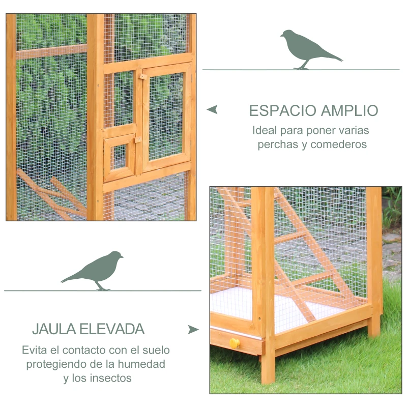 PawHut Jaula para Pájaros Grande de Madera de Abeto con 2 Puertas Bandeja Extraíble y Techo Asfáltico 68x63x165cm Madera