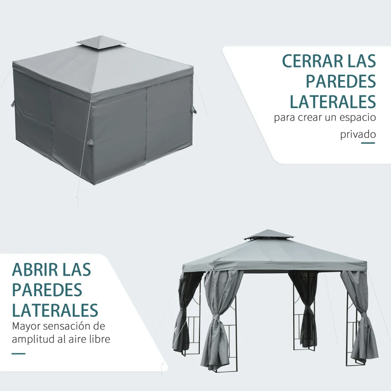 Outsunny Cenador de Jardín 3x3 m Pabellón para Exterior con Doble Techo de Ventilación y 4 Cortinas Laterales Extraíbles de Cremallera Gazebo para Terraza Patio Exterior Gris