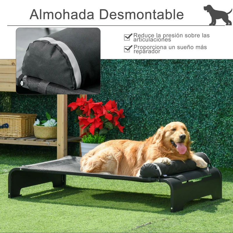 PawHut Cama Elevada para Mascotas Perros Gatos Tela Transpirable con Almohada Extraíble Exterior Interior Jardín Terraza 122x72x30 cm Negro