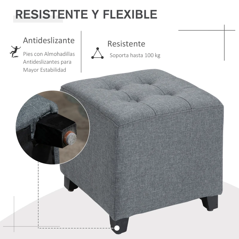 HOMCOM Taburete Bajo Otomana Reposapiés Acolchado con Patas de Madera Maciza Diseño de Botones 35x35x35 cm Gris