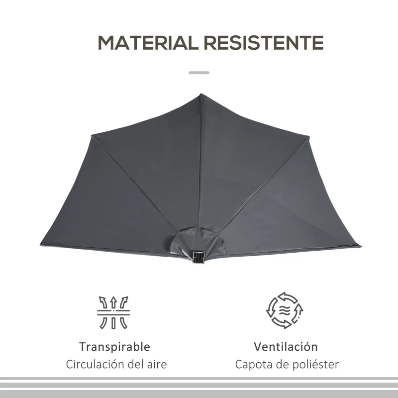 Outsunny Sombrilla de Jardín con 24 Luces LED Solar 270x135x240 cm Parasol Semicircular con Manivela para Balcón Terraza Gris