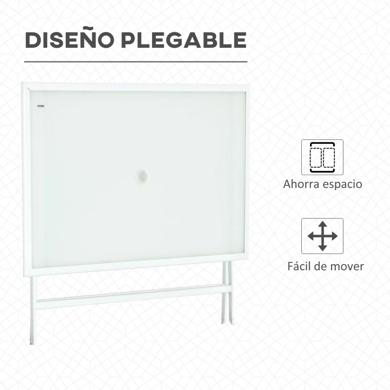 Outsunny Mesa de Jardín de Metal Plegable Mesa de Camping Rectangular de Vidrio Templado con Agujero para Sombrilla para Picnic Terraza Balcón 110x70x70 cm Blanco
