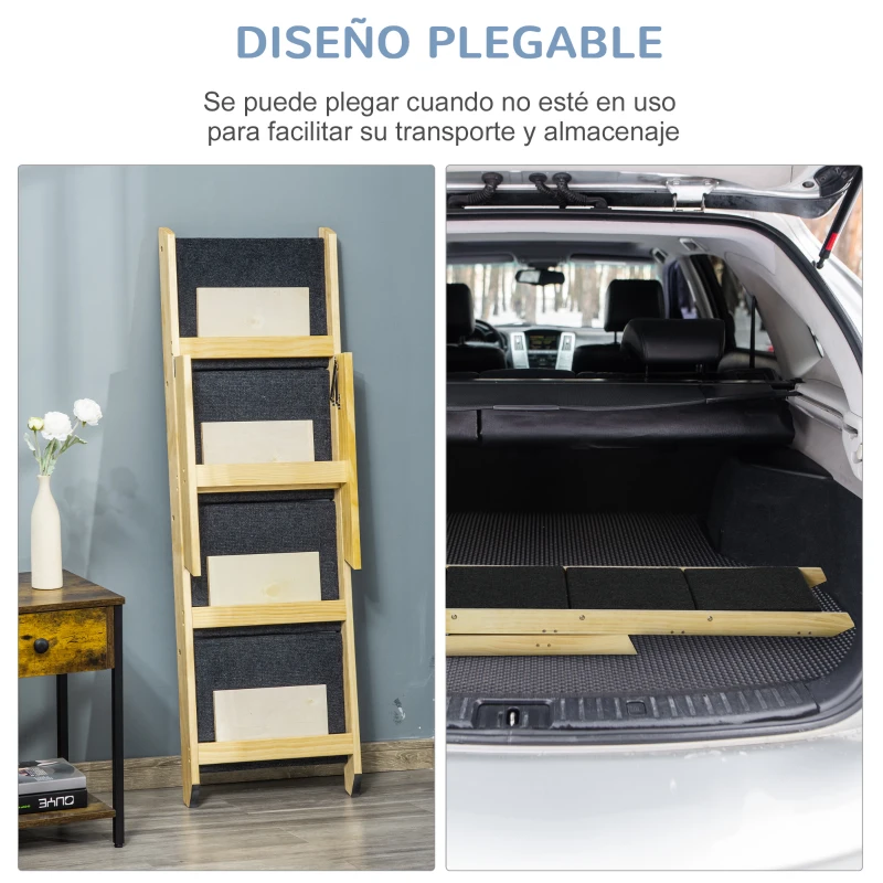 PawHut Escalera de Madera para Perros Plegable 2 en 1 Rampa para Mascotas con 4 Escalones Antideslizantes para Acceso al Sofá y Cama Alta 122x44x62 cm Negro y Natural