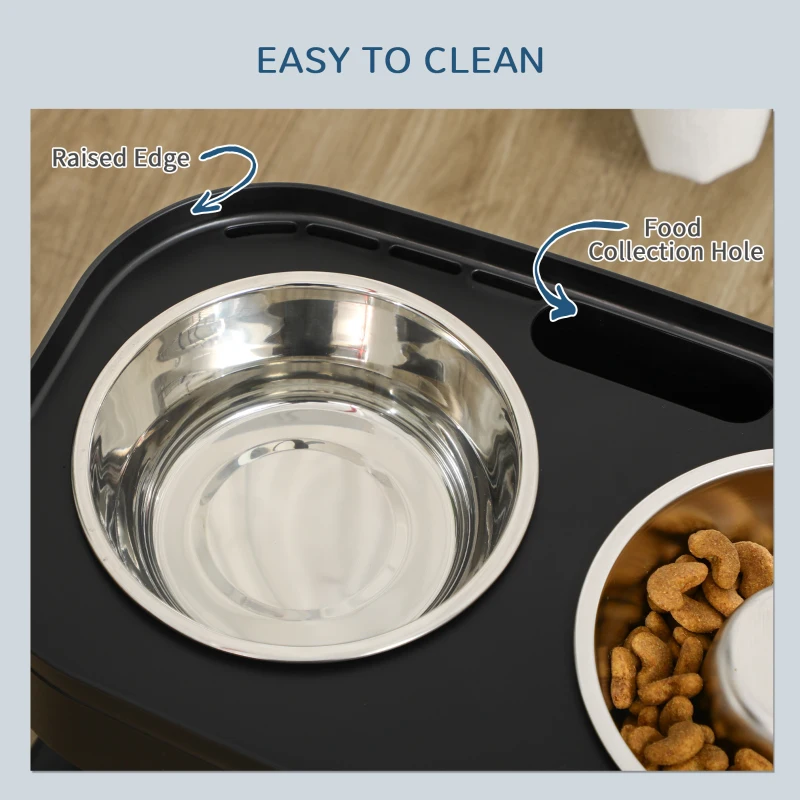 PawHut  Boluri inaltate reglabile pentru caini cu suport, Alimentator inaltat pentru caini de talie mica, medie, mare, cu 2 boluri din otel inoxidabil, Alimentator lent, inaltimi de 11 cm/ 29 cm