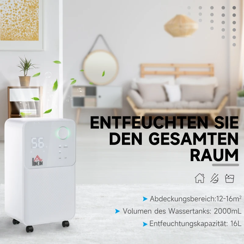 HOMCOM Luftentfeuchter Raumgröße 16-20㎡ 16L/24h elektrisch Raumentfeuchter 2000ml Entfeuchter gegen Feuchtigkeit mit Rollen für Badezimmer Wohnzimmer Schlafzimmer ABS Weiß 28 x 20 x 50,5 cm
