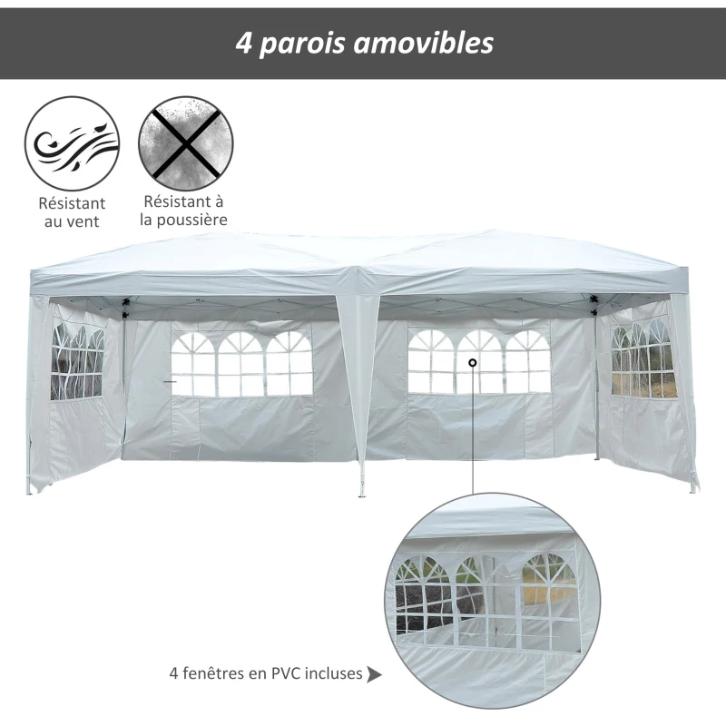 HOMCOM Tonnelle pop-up Pliante - Tente de réception - 3 x 6 m - pavillon chapiteau Barnum - 3 cotés démontables - piquets d'ancrage au Sol + Sac de Transport Inclus Blanc