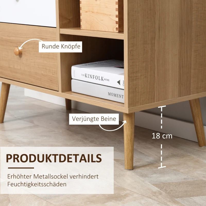 HOMCOM Sideboard Küchenschrank Kommode mit 2 offenen Fächern 4 Schubladen für Wohnzimmer Skandi-Design Natur+Weiß 80 x 39 x 80 cm
