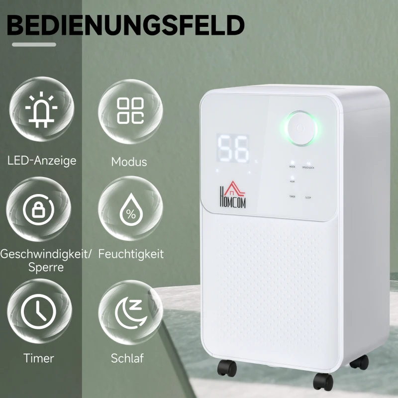 HOMCOM Luftentfeuchter Raumgröße 16-20㎡ 16L/24h elektrisch Raumentfeuchter 2000ml Entfeuchter gegen Feuchtigkeit mit Rollen für Badezimmer Wohnzimmer Schlafzimmer ABS Weiß 28 x 20 x 50,5 cm