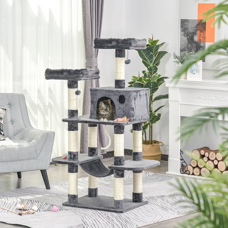 PawHut kattenboom kattenhuis hangmat met sisalpalen pluchen speelbal, donkergrijs