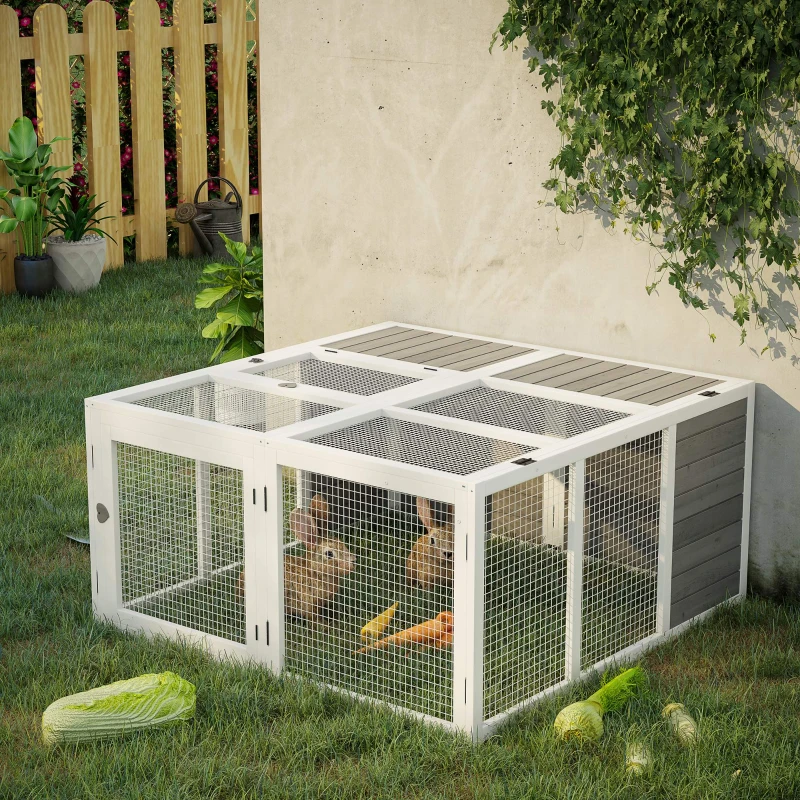 PawHut ren ren met klapdak, verhoogde vloer, konijnenhok met dakraam, klein dier, dennenhout, metaal, grijs 120 x 120 x 60 cm