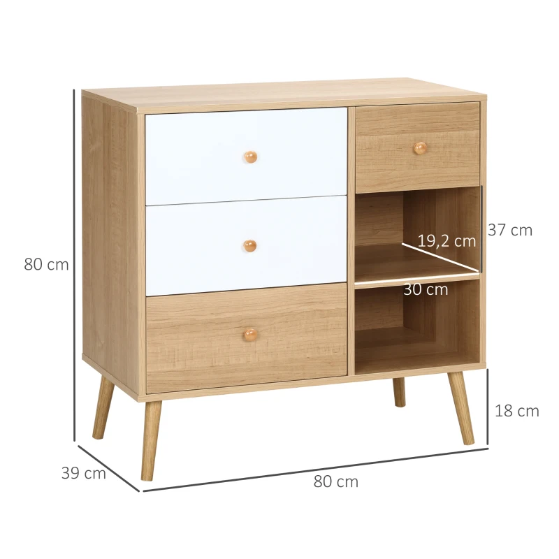 HOMCOM Sideboard Küchenschrank Kommode mit 2 offenen Fächern 4 Schubladen für Wohnzimmer Skandi-Design Natur+Weiß 80 x 39 x 80 cm