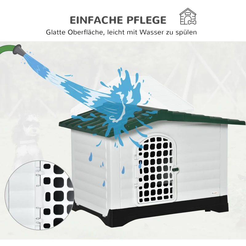 PawHut Outdoor Hundehütte Hundehaus Haustierzubehör Hundezubehör Tierbedarf mit Dachluke Tor Unterschlupf für mittelgroße Hunde Luftzirkulation Kunststoff PP Grün+Schwarz+Weiß 111 x 84 x 80 cm