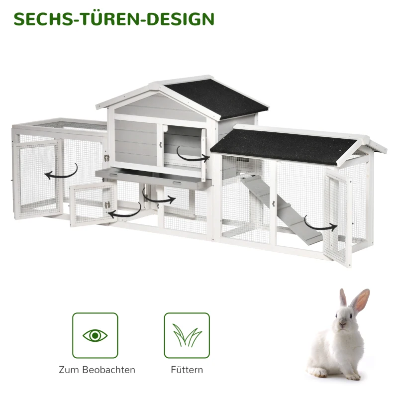 PawHut konijnenhok hok voor kleine huisdieren 1 ren aan weerszijden van het hoofdverblijf met kooi met asfaltdak konijnenren loopplank afsluitbare deuren vurenhout metaal grijs + wit + zwart 227 x 53 x 85 cm