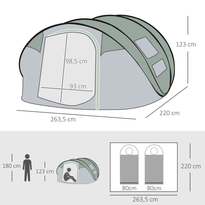 Outsunny Tent voor 4-5 personen, kampeertent met haringen, koepeltent, polyester, groen