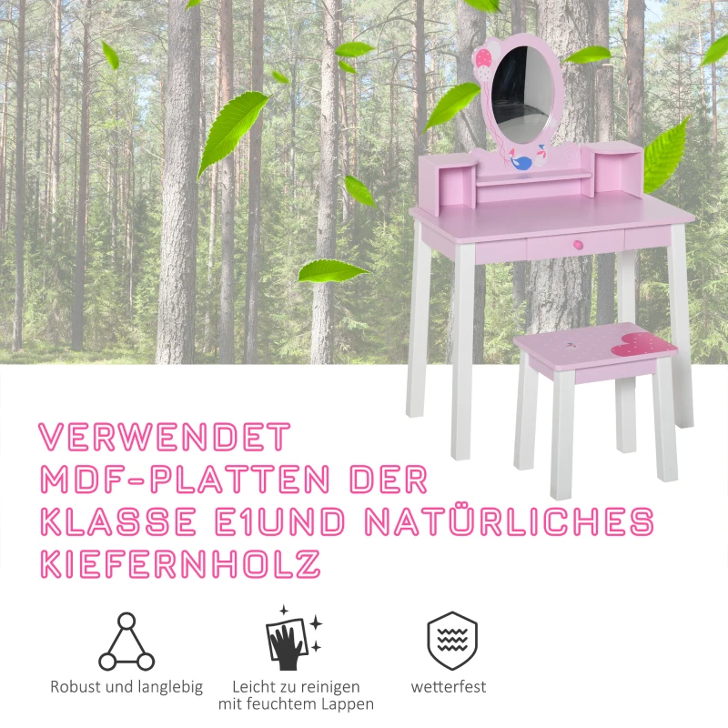 HOMCOM Kinderschminktisch mit Hocker, Schublade, Fächer, Spiegel, Kiefernholz, 60 x 34 x 93 cm, Rosa