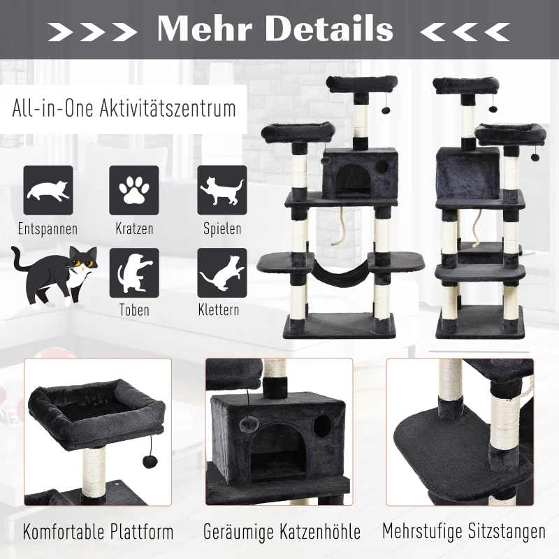 PawHut kattenboom kattenhuis hangmat met sisalpalen pluchen speelbal, donkergrijs