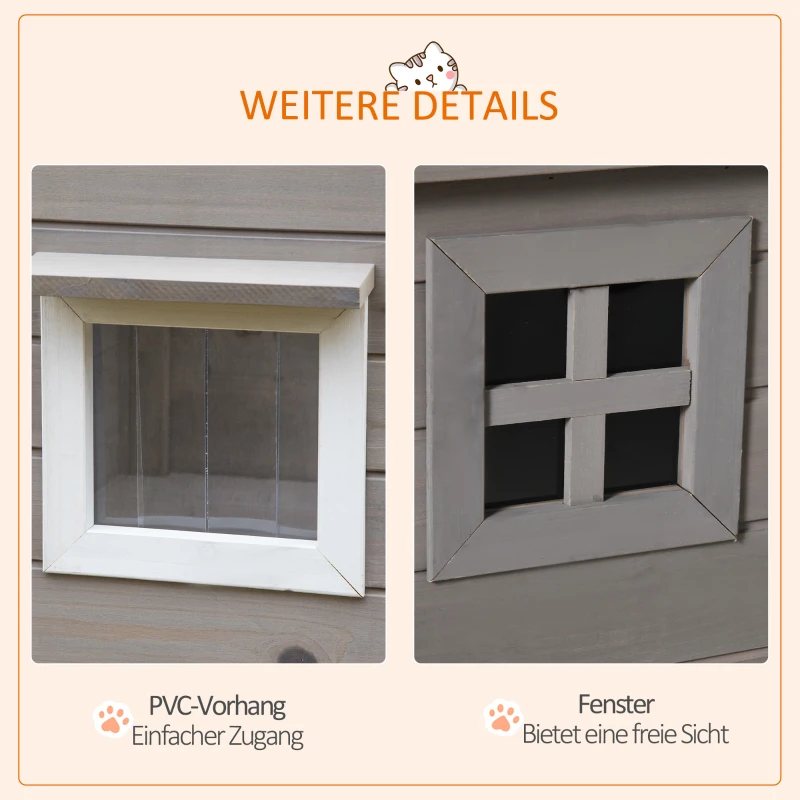 PawHut Buiten Kattenhuis Groot Modern Luxe Sparhout met Raam voor Katten Grijs Zwart