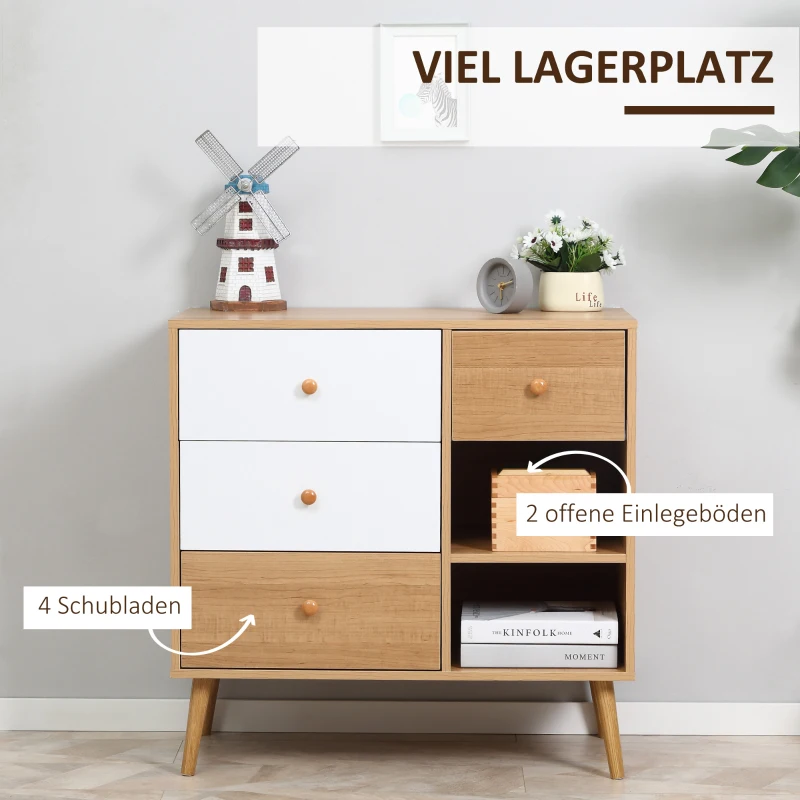 HOMCOM Sideboard Küchenschrank Kommode mit 2 offenen Fächern 4 Schubladen für Wohnzimmer Skandi-Design Natur+Weiß 80 x 39 x 80 cm
