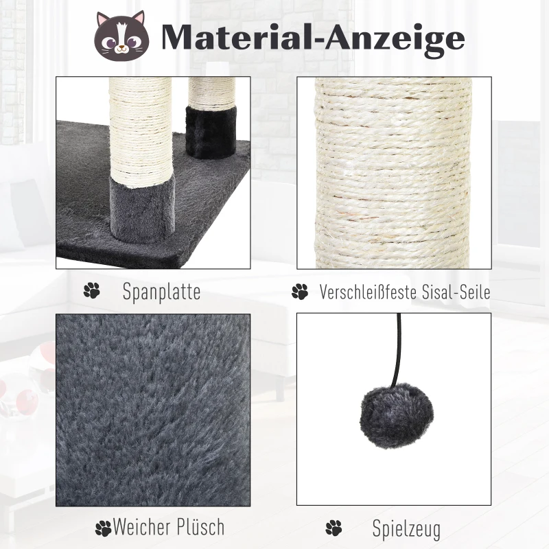 PawHut kattenboom kattenhuis hangmat met sisalpalen pluchen speelbal, donkergrijs