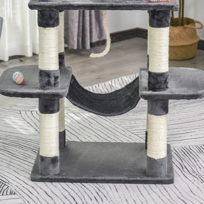 PawHut kattenboom kattenhuis hangmat met sisalpalen pluchen speelbal, donkergrijs