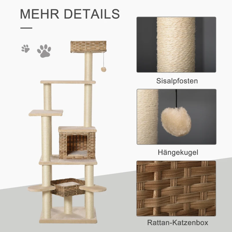 krabpaal met kattengrot rotan kattenboom met meerdere verdiepingen voor katten beige + bruin