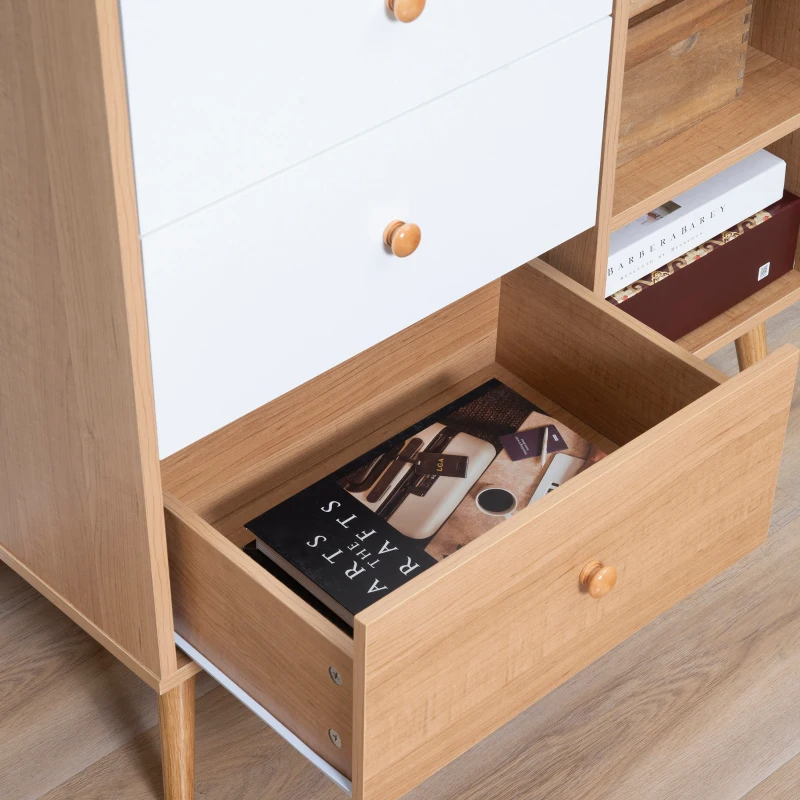 HOMCOM Sideboard Küchenschrank Kommode mit 2 offenen Fächern 4 Schubladen für Wohnzimmer Skandi-Design Natur+Weiß 80 x 39 x 80 cm