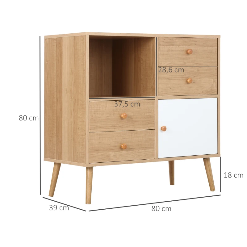 HOMCOM Beistellschrank Sideboard Küchenschrank Kommode mit 1 offenen Fächern 4 Schubladen für Wohnzimmer Skandi-Design Natur+Weiß 80 x 39 x 80 cm