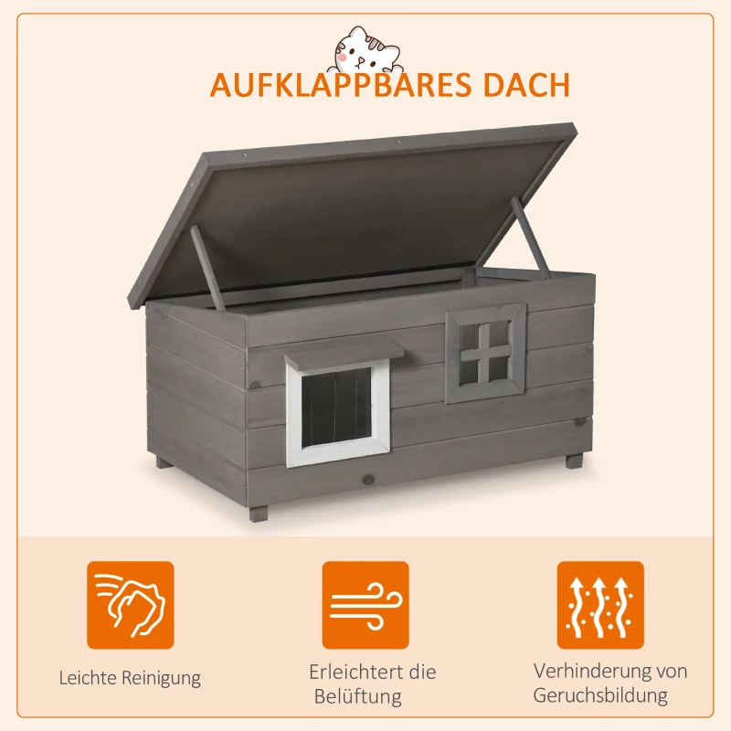 PawHut Buiten Kattenhuis Groot Modern Luxe Sparhout met Raam voor Katten Grijs Zwart