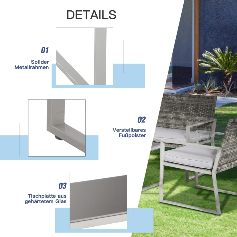 Outsunny Zestaw mebli ogrodowych czteroczęściowy komplet stół z krzesłami sofa poduszki siedziska stolik kawowy stal szary