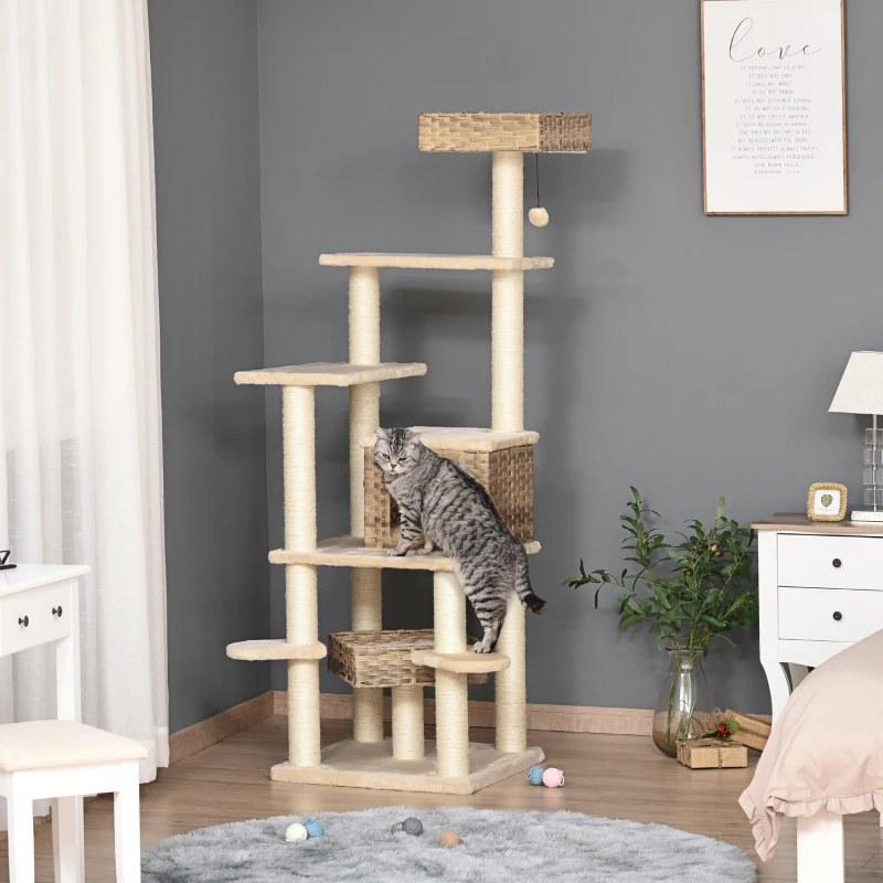 krabpaal met kattengrot rotan kattenboom met meerdere verdiepingen voor katten beige + bruin