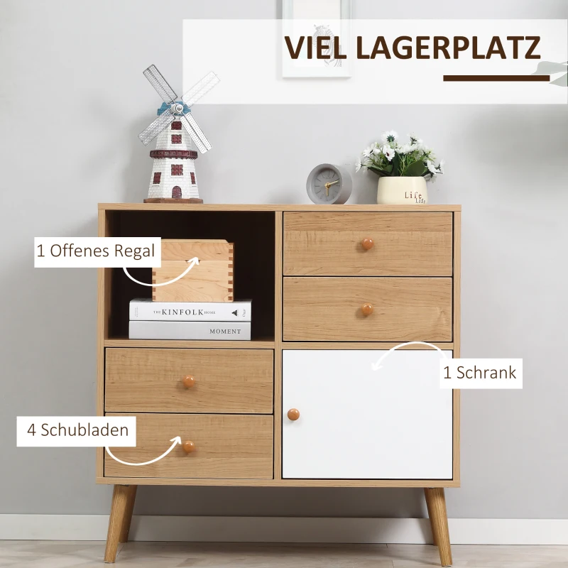 HOMCOM Beistellschrank Sideboard Küchenschrank Kommode mit 1 offenen Fächern 4 Schubladen für Wohnzimmer Skandi-Design Natur+Weiß 80 x 39 x 80 cm