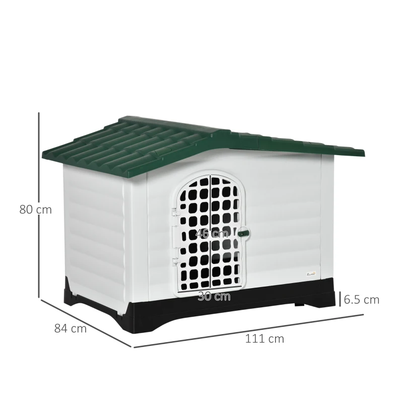 PawHut Outdoor Hundehütte Hundehaus Haustierzubehör Hundezubehör Tierbedarf mit Dachluke Tor Unterschlupf für mittelgroße Hunde Luftzirkulation Kunststoff PP Grün+Schwarz+Weiß 111 x 84 x 80 cm