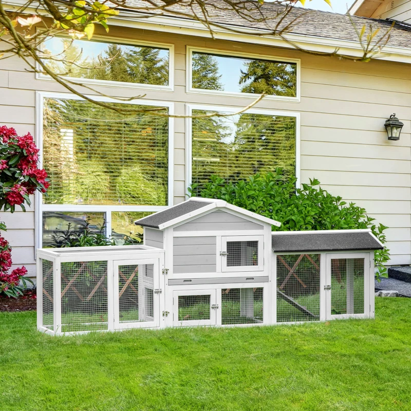 PawHut konijnenhok hok voor kleine huisdieren 1 ren aan weerszijden van het hoofdverblijf met kooi met asfaltdak konijnenren loopplank afsluitbare deuren vurenhout metaal grijs + wit + zwart 227 x 53 x 85 cm